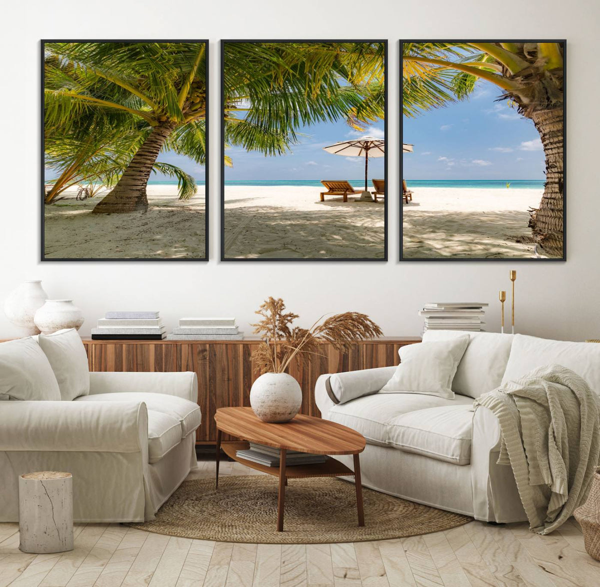 Lounge Chairs Palm Trees on Tropical Beach Canvas Wall Art