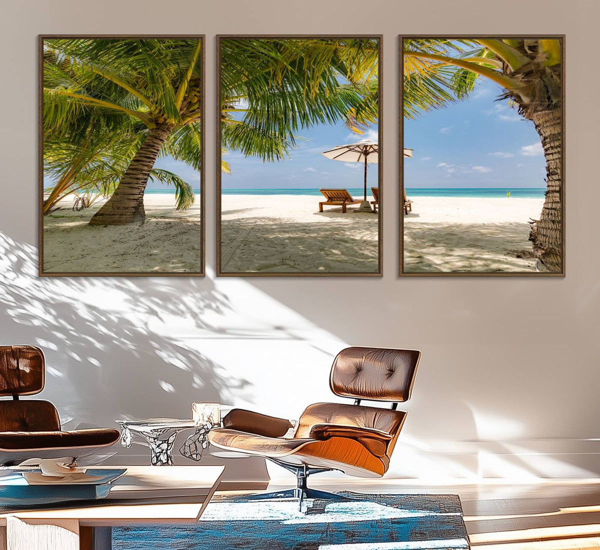 Lounge Chairs Palm Trees on Tropical Beach Canvas Wall Art