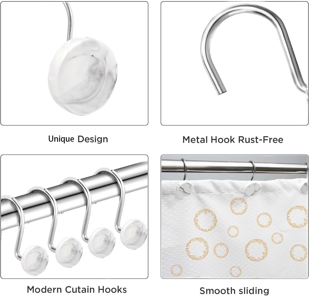 Set of 12 Rust Resistant Shower Curtain Hooks - 6 Designs