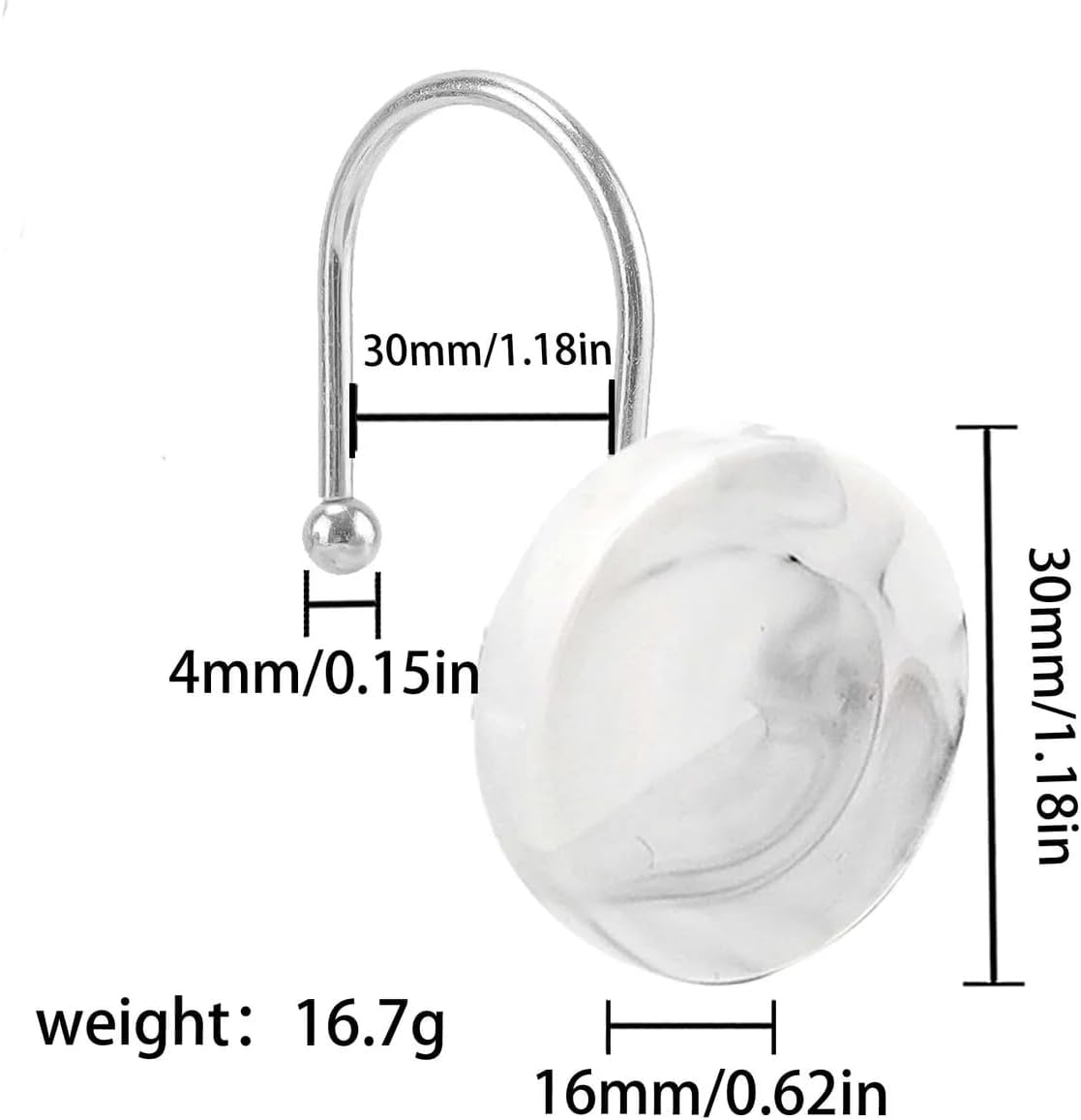 Set of 12 Rust Resistant Shower Curtain Hooks - 6 Designs