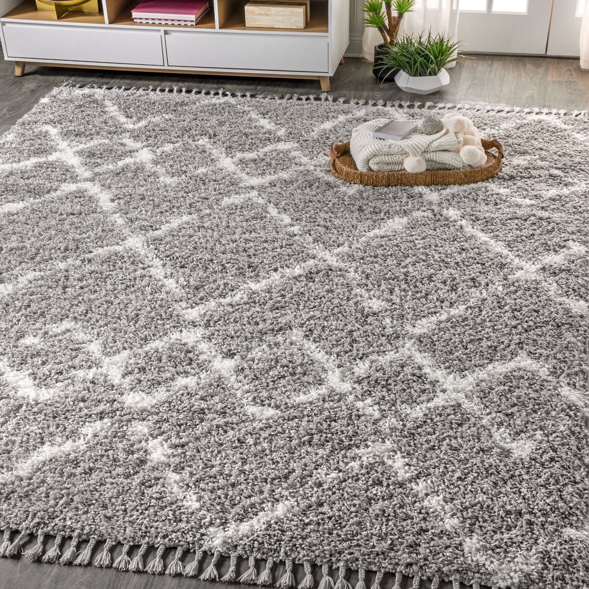 Mercer Shag Plush Tassel Moroccan Tribal Geometric Trellis Area Rug