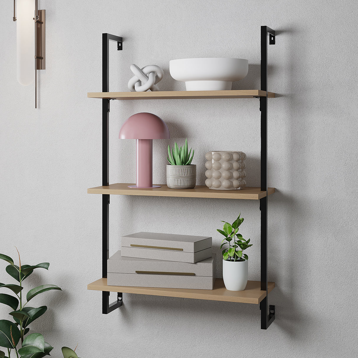 Madera-Classic-Industrial-3-Shelf-Wood-Wall-Mounted-Open-Ladder-Bookcase-with-Metal-Frame-Bookcases-&-Standing-Shelves