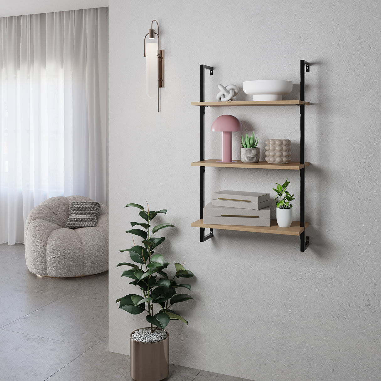 Madera Classic Industrial 3-Shelf Wood Wall-Mounted Open Ladder Bookcase with Metal Frame