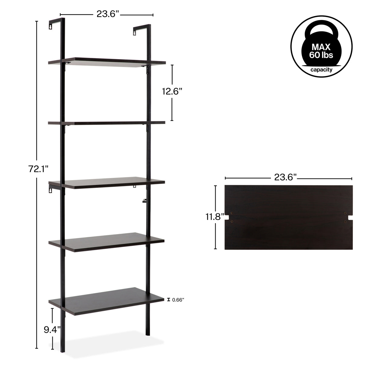Madera Classic Industrial 5-Shelf Wood Wall-Mounted Open Ladder Bookcase with Metal Frame