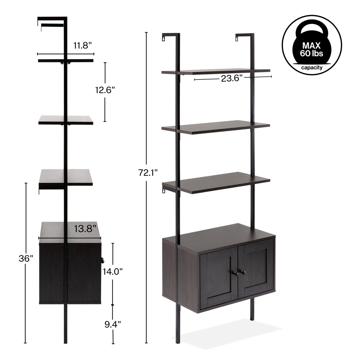 Tulare MidCentury Industrial 4-Shelf Wood Wall-Mounted Open Ladder Bookcase with Cabinet and Metal Frame
