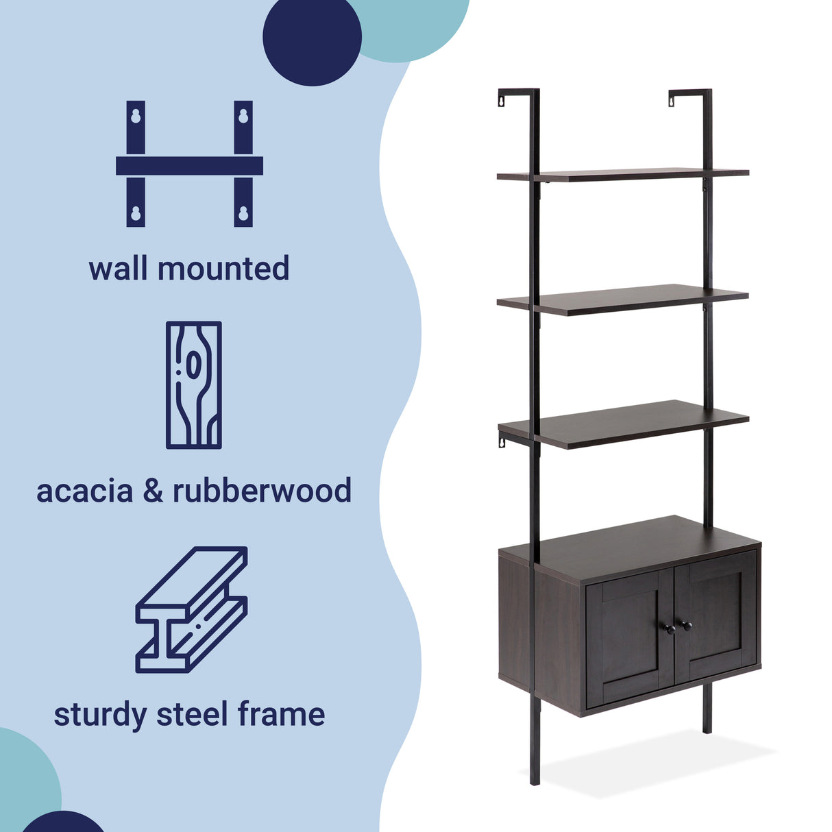 Tulare MidCentury Industrial 4-Shelf Wood Wall-Mounted Open Ladder Bookcase with Cabinet and Metal Frame