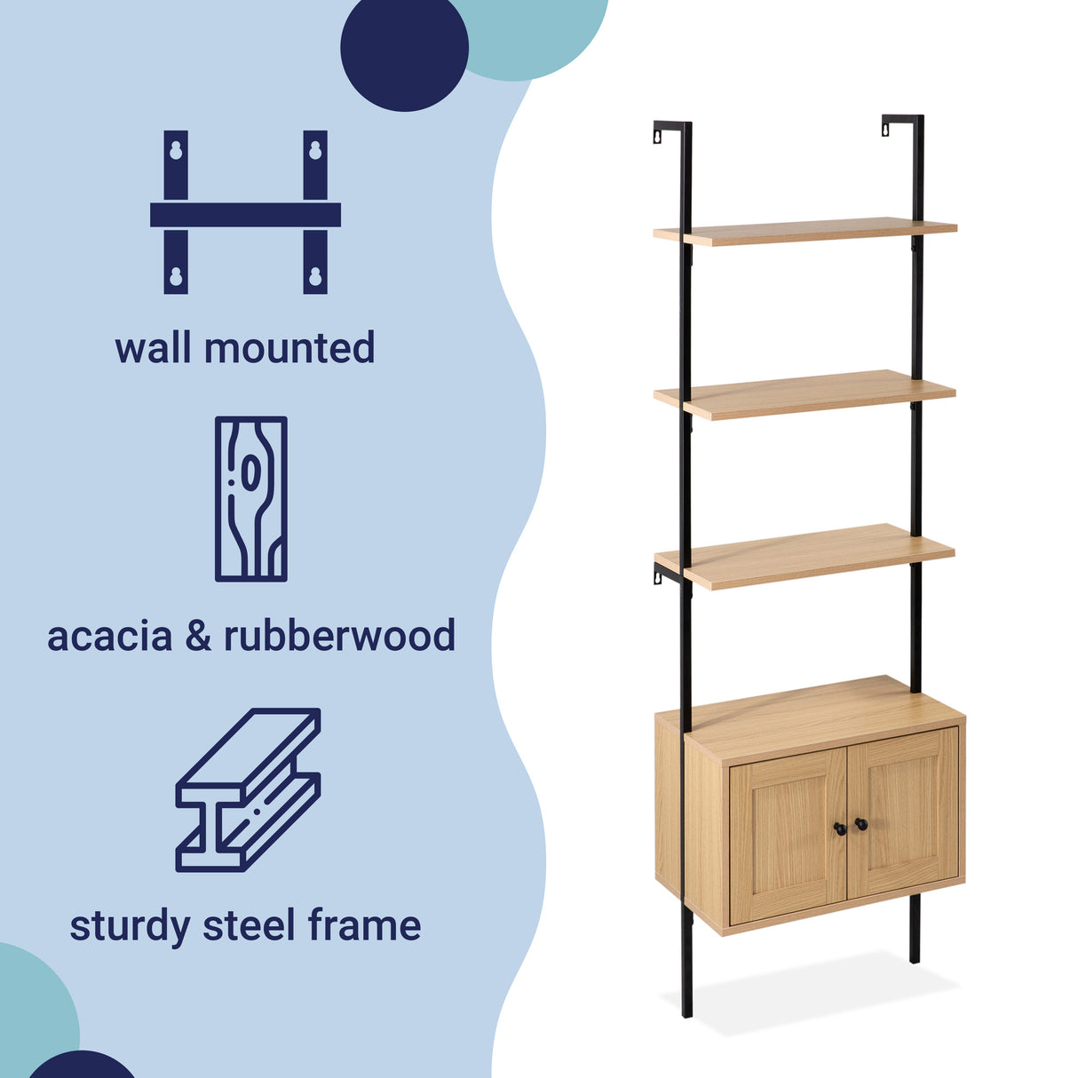 Tulare MidCentury Industrial 4-Shelf Wood Wall-Mounted Open Ladder Bookcase with Cabinet and Metal Frame