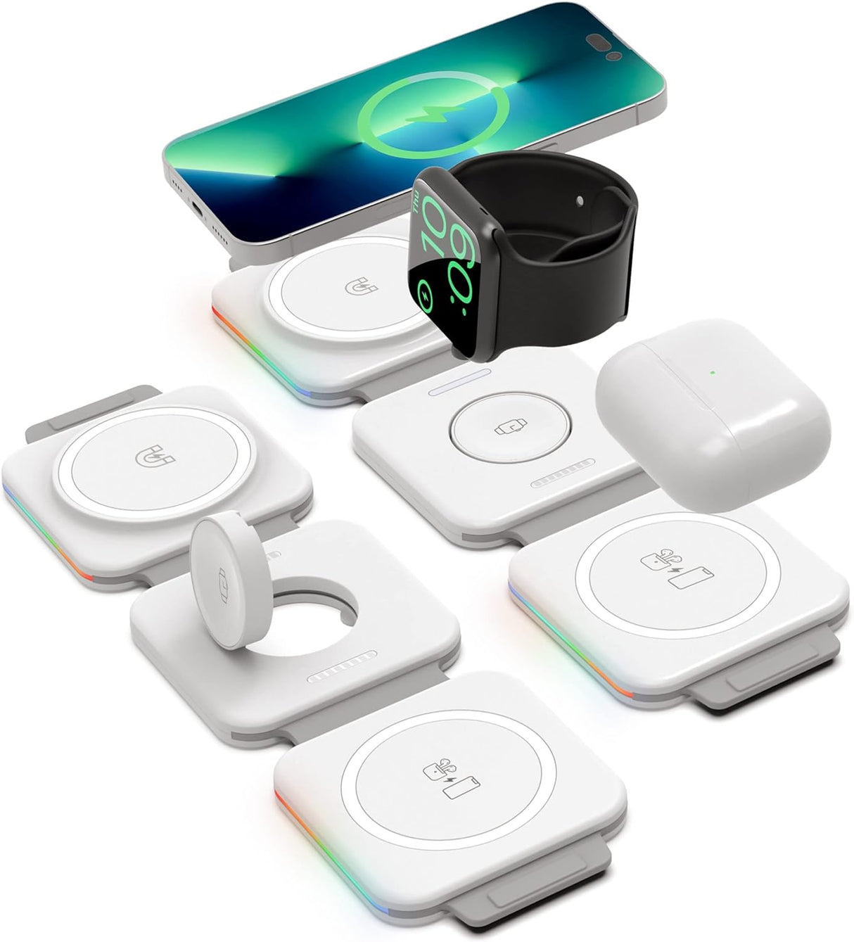 (2 Pack Set) Travel 3 in 1 Charging Station for Multiple Devices Apple Compatible Folding Magnetic Charger for AirPods, Apple Watch and iPhone (Compatible with MagSafe)