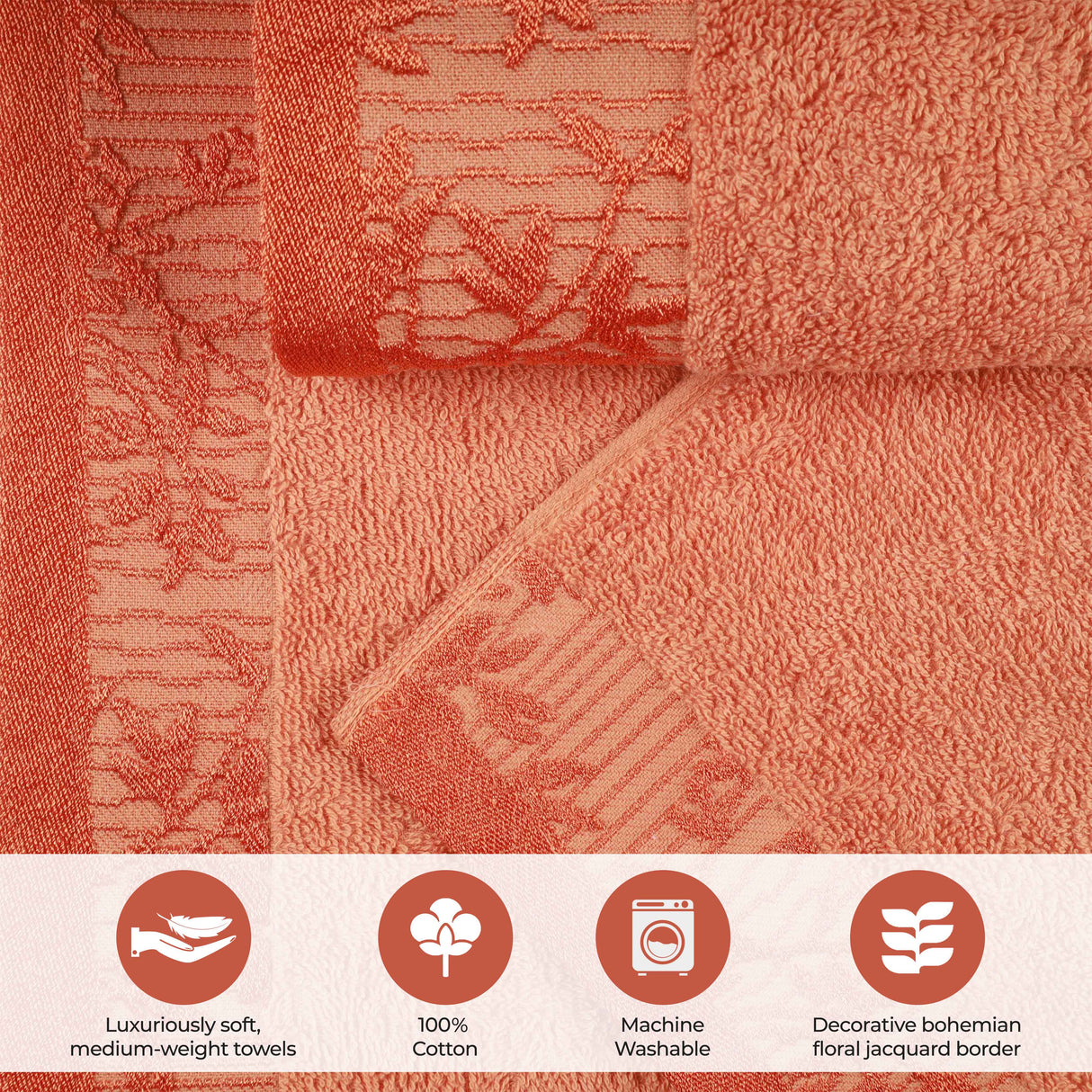 Cotton Floral Jacquard Border Bath Towel Set of 4 - Bath Towel by Superior Brand