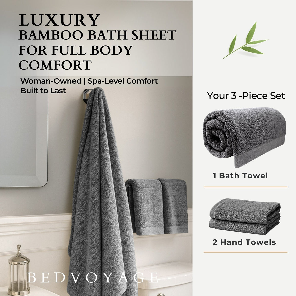 Bamboo Cotton Bath Sheet Set - Viscose from Bamboo + Cotton - 3pc - Charcoal by BedVoyage