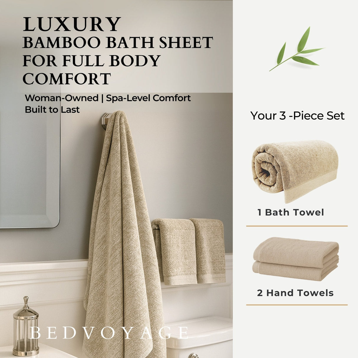 Bamboo Cotton Bath Sheet Set - Viscose from Bamboo + Cotton - 3pc - Sand