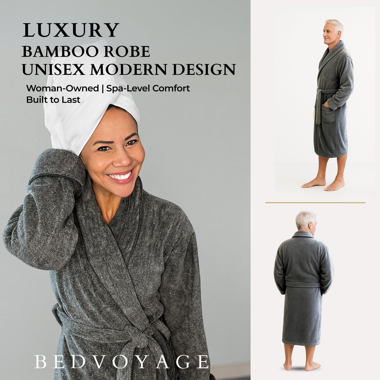 Bamboo Cotton Bath Robe - Viscose from Bamboo + Cotton - Charcoal by BedVoyage