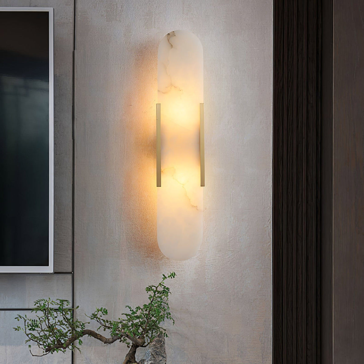 Alvora | Oblong Alabaster Wall Sconce with Brass Accents | Warm Diffused Glow for Foyers
