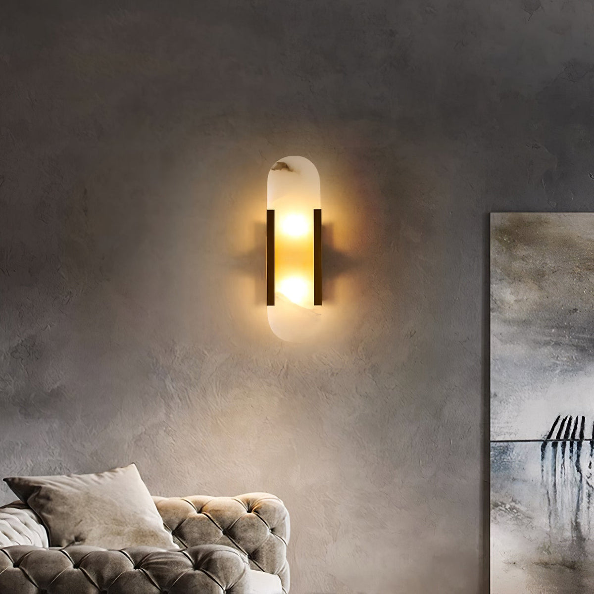 Alvora | Oblong Alabaster Wall Sconce with Brass Accents | Warm Diffused Glow for Foyers