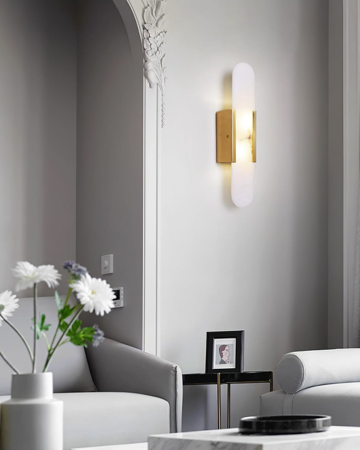 Alvora | Oblong Alabaster Wall Sconce with Brass Accents | Warm Diffused Glow for Foyers