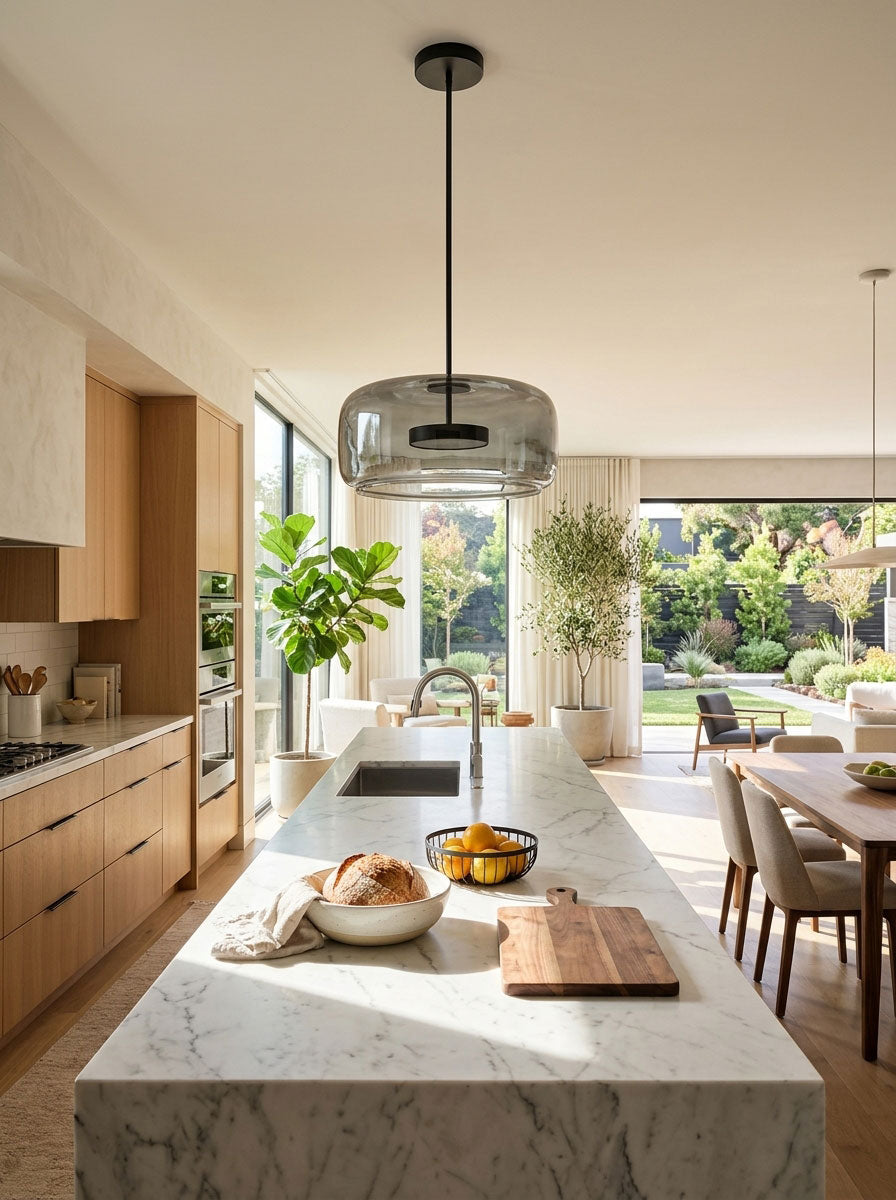 Hand-Blown Glass Sphere Pendant Light with Warm LED | Smoke Grey or Amber Shade