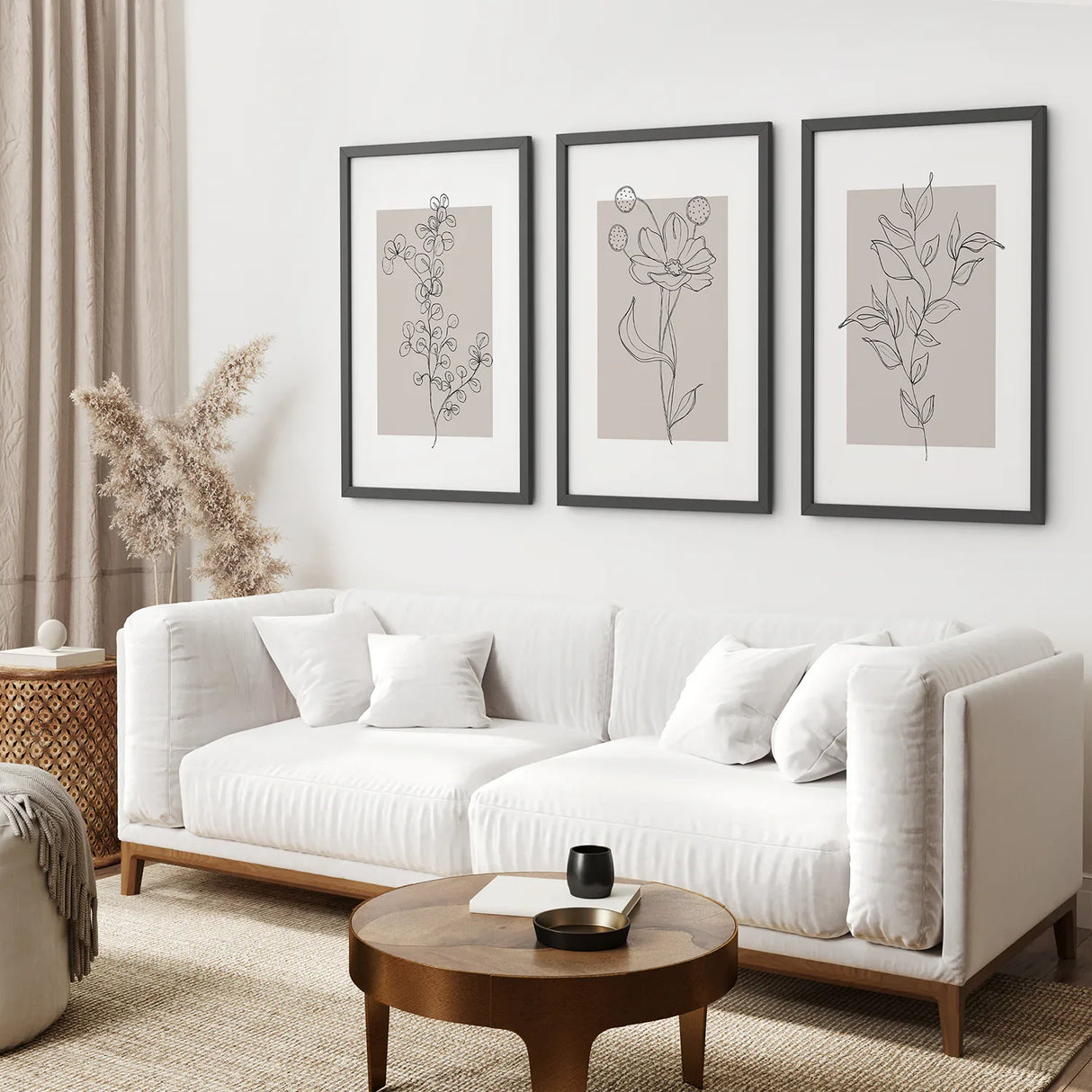 Pastel Botanical Wall Art Set of 3 Pieces. Gray and Beige