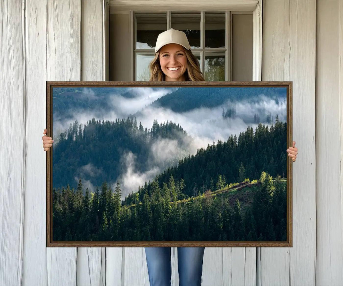 Misty Forest Hills Canvas Wall Art Print – Serene Evergreen