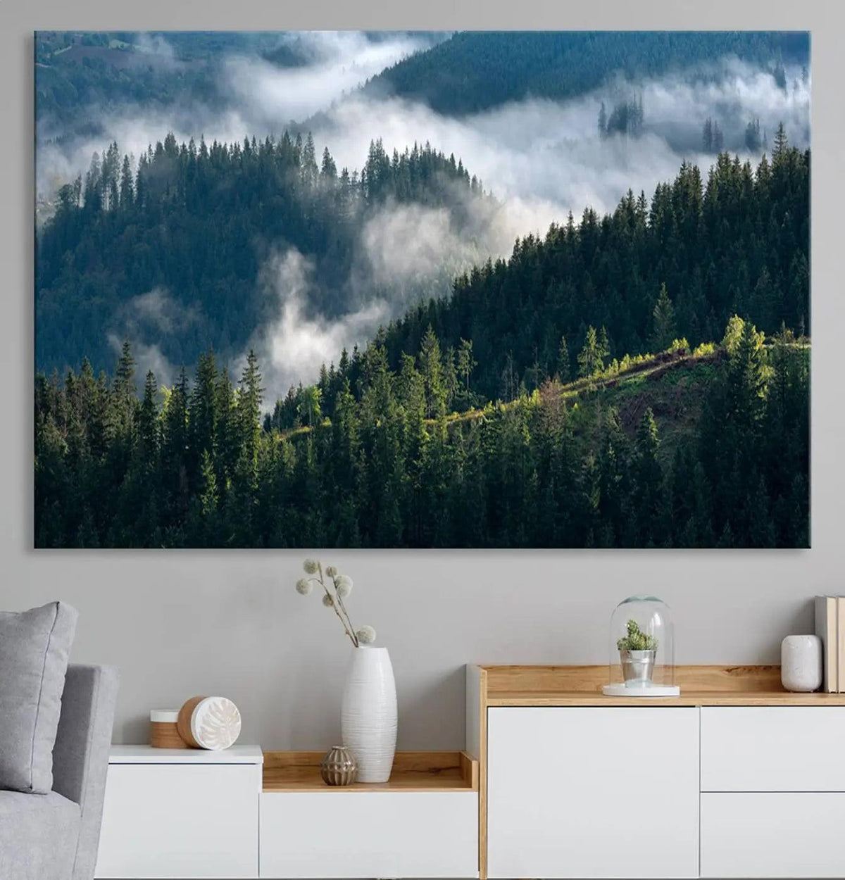 Misty Forest Hills Canvas Wall Art Print – Serene Evergreen