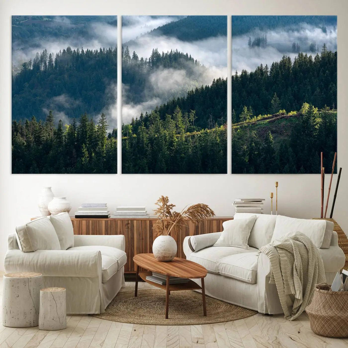 Misty Forest Hills Canvas Wall Art Print – Serene Evergreen