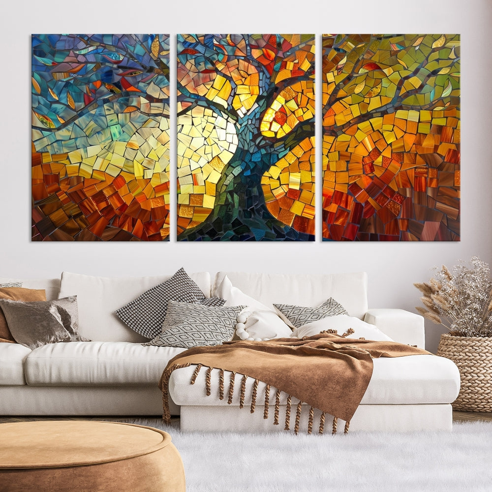 Mosaic Tree Canvas Wall Art – Vibrant Stained Glass-Inspired