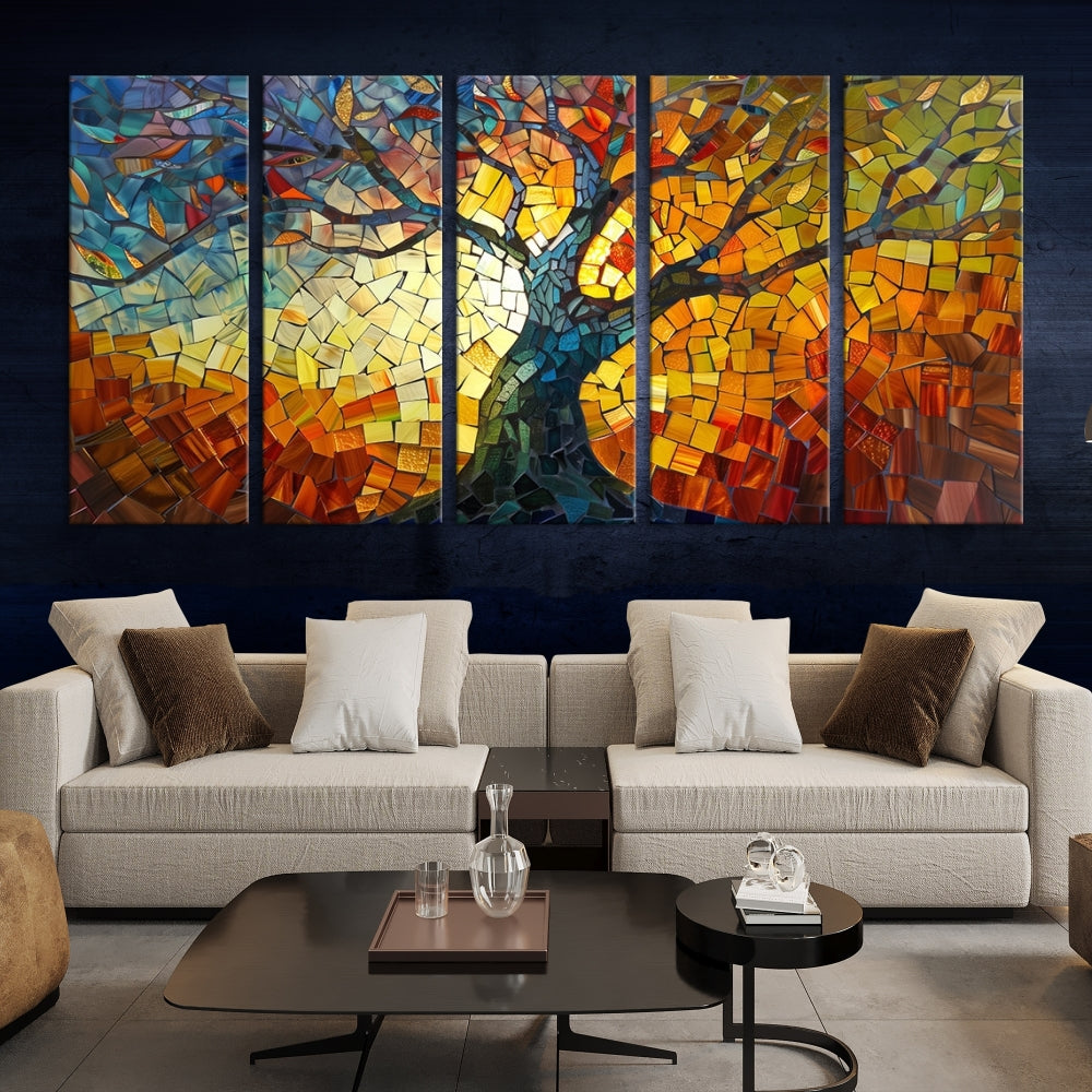 Mosaic Tree Canvas Wall Art – Vibrant Stained Glass-Inspired