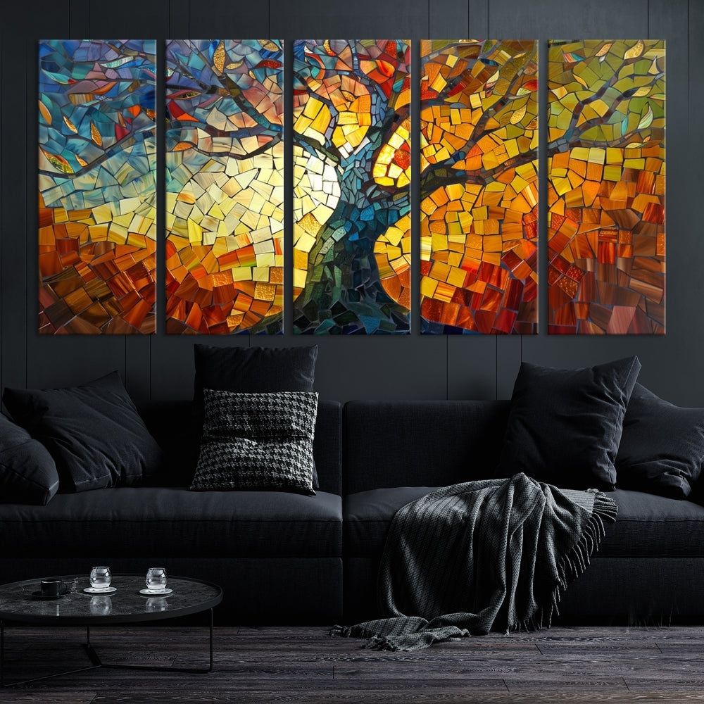 Mosaic Tree Canvas Wall Art – Vibrant Stained Glass-Inspired