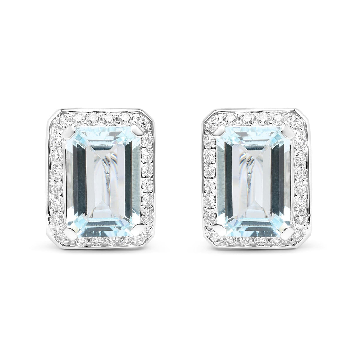 18K White Gold 3/4 Cttw Round Diamond and 13x9mm Emerald Cut Blue Aquamarine Gemstone Halo Omega Stud Earrings (G-H Color, SI1-SI2 Clarity)