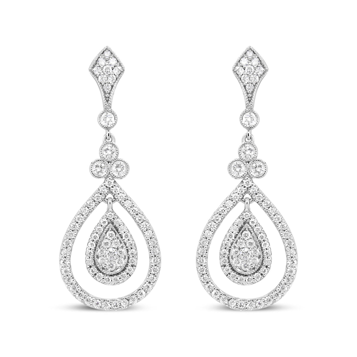 18K White Gold 1 1/4 Cttw Round Diamond Openwork Teardrop-Shaped Dangle Earrings (F-G Color, VS1-VS2 Clarity)