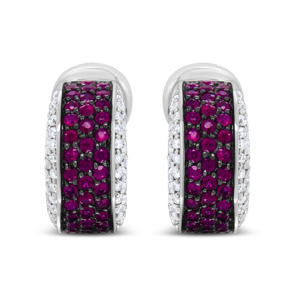 18K White Gold and Black Rhodium Plated 3/4 Cttw Round Diamonds and 1mm Round Red Ruby Huggie Hoop Earrings (F-G Color, VS1-VS2 Clarity)