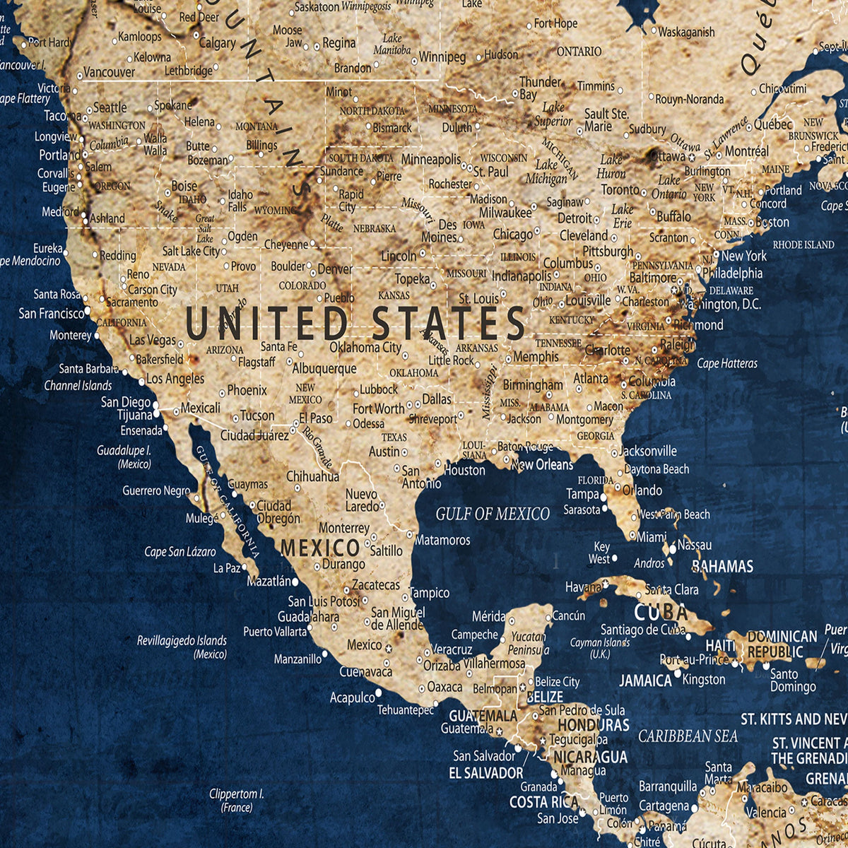 Framed Custom World Map Canvas Print - Deep Blue World Map