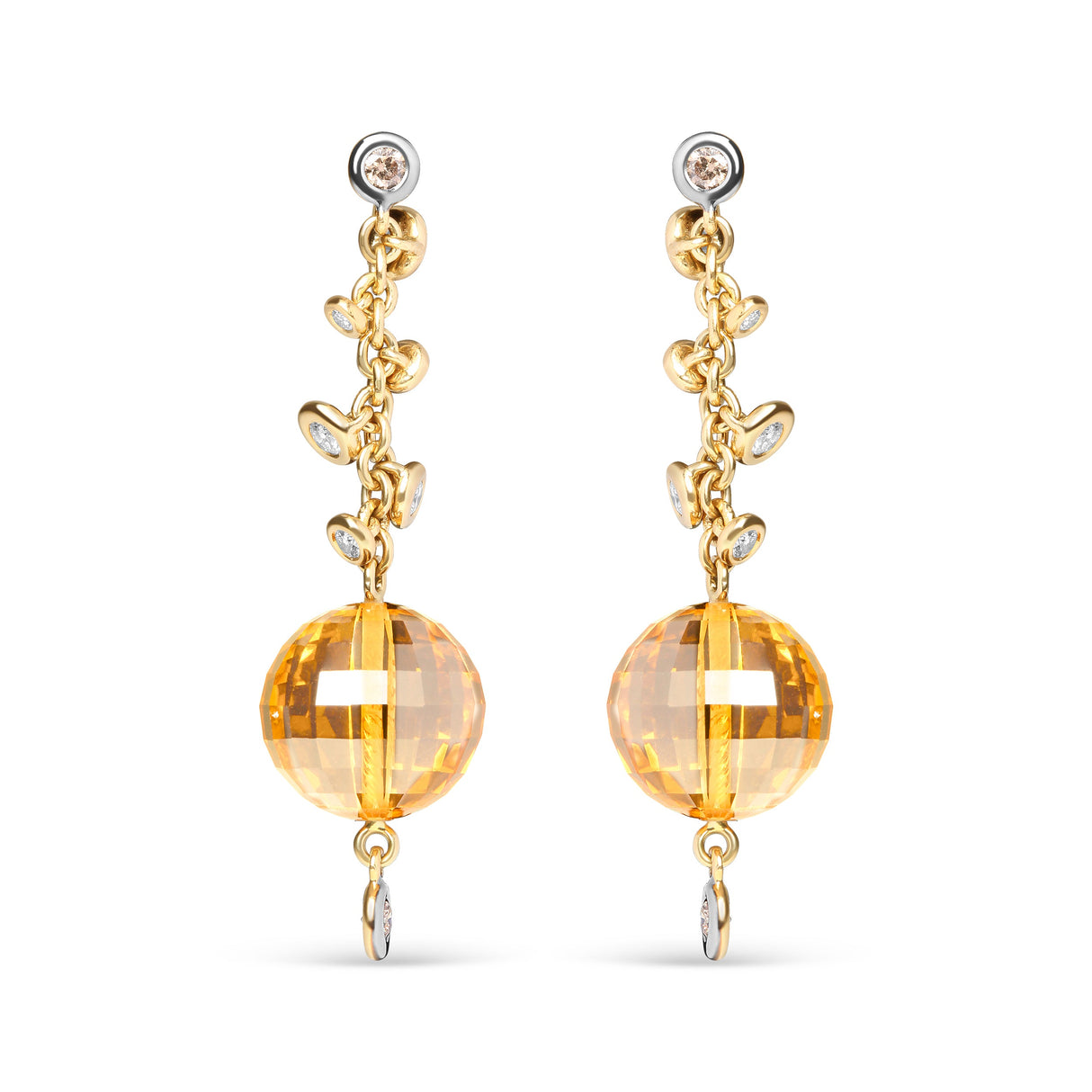 18K Yellow Gold 2/3 Cttw Round Bezel Diamond and 25mm Ball Shaped Yellow Citrine Gemstone Dangle Stud Earring (Brown and G-H Color, SI1-SI2 Clarity)