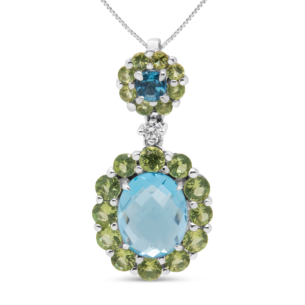 18k White Gold 0.05 Cttw Round Diamond and Blue Topaz and Green Peridot Gemstone Halo Drop 18" Pendant Necklace (F-G Color, VS1-VS2 Clarity)