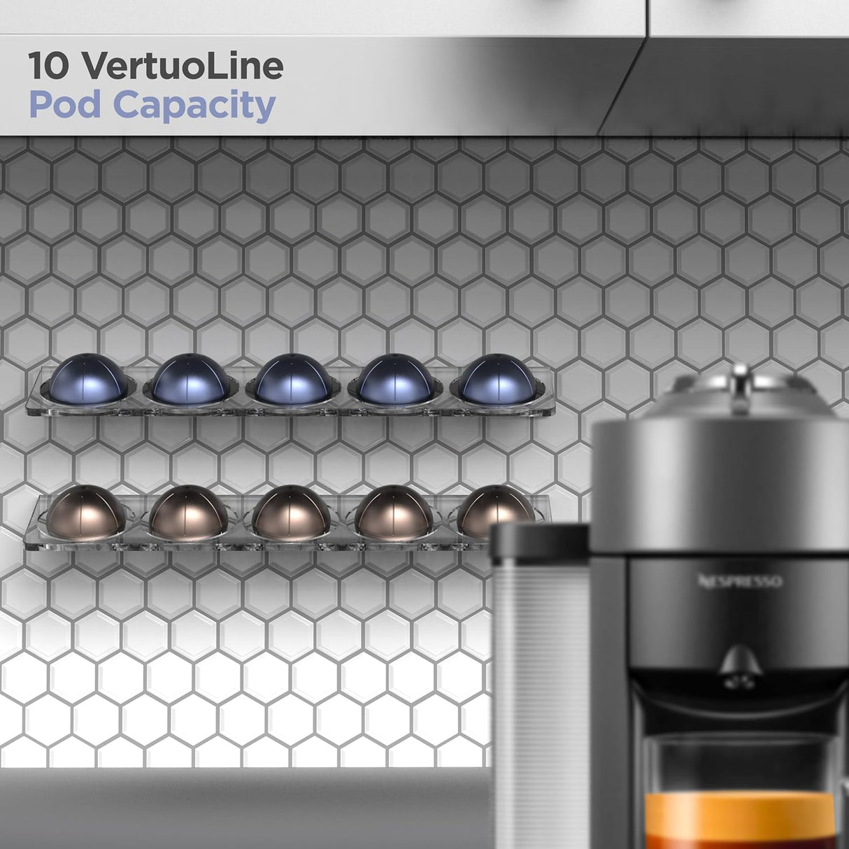 Small Vertuo Capsule Organizer Shelf, Compatible with Nespresso Pods Holder Wall Mount for 10 Coffee Cups, Easy Flavor Access (Adhesive Backing) Clear Acrylic