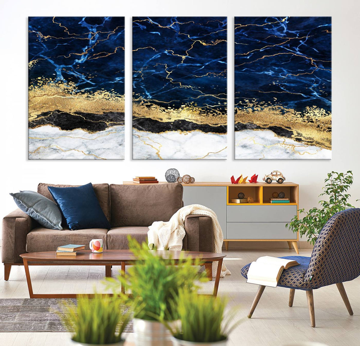 Navy Blue Marble Fluid Effect Wall Art Abstract Canvas Wall