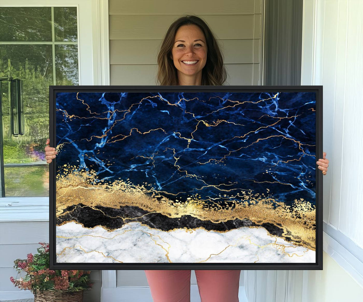 Navy Blue Marble Fluid Effect Wall Art Abstract Canvas Wall