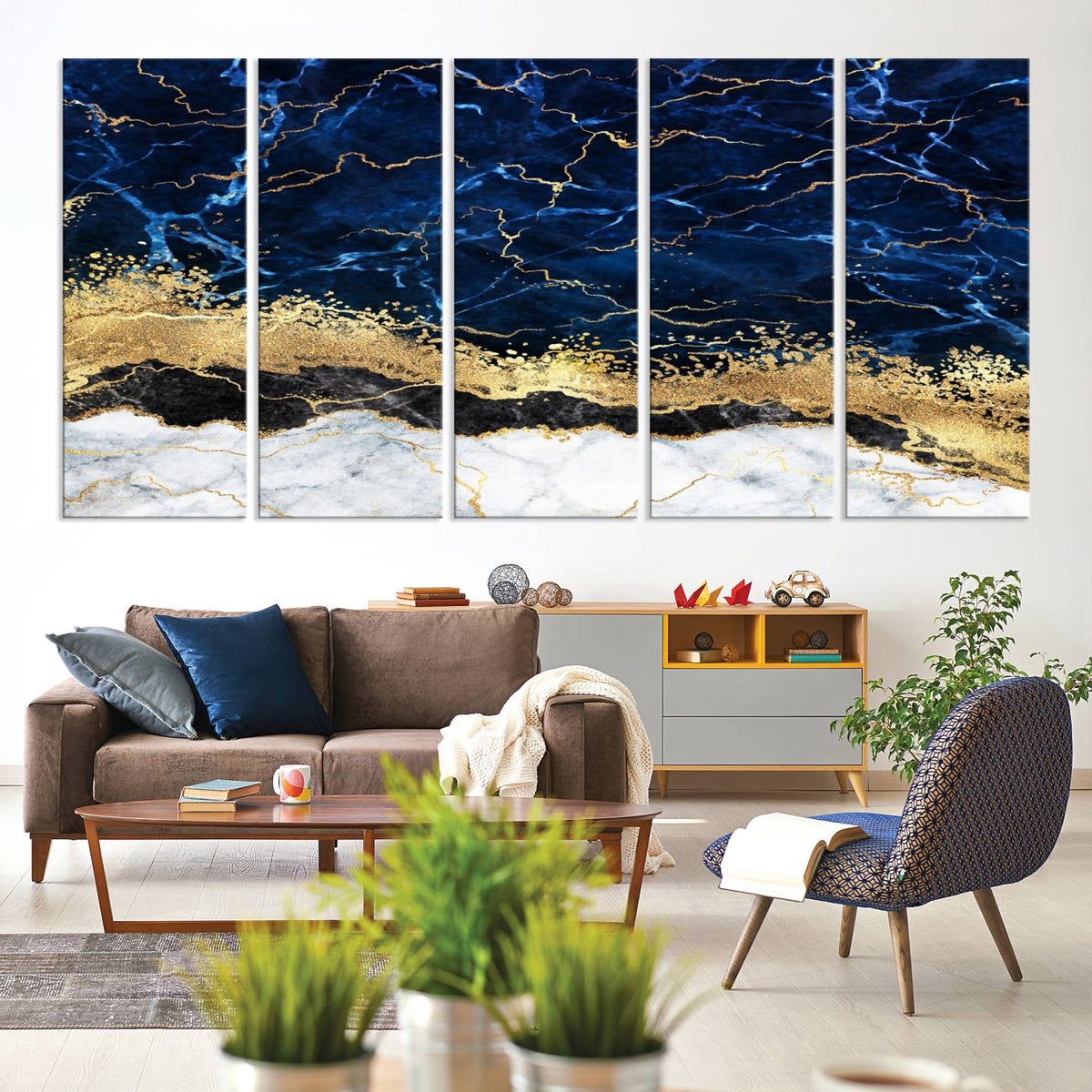 Navy Blue Marble Fluid Effect Wall Art Abstract Canvas Wall