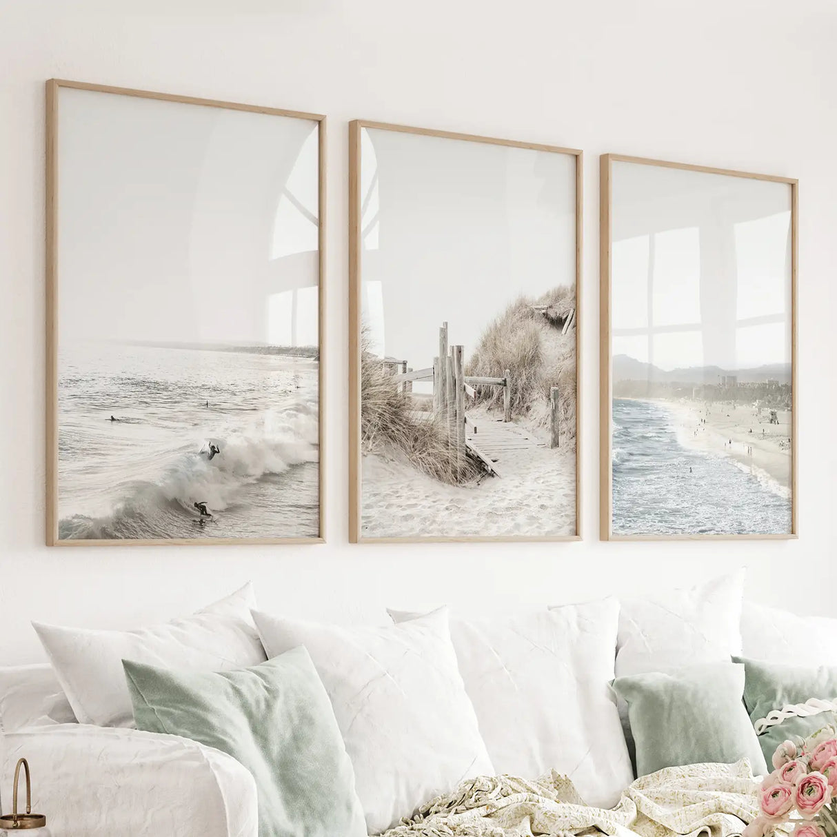 3-Piece-Coastal-Landscape.-Waves,-Surfers,-Beach-Pathway-Wall-Art-Set