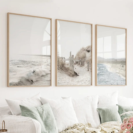 3-Piece-Coastal-Landscape.-Waves,-Surfers,-Beach-Pathway-Wall-Art-Set