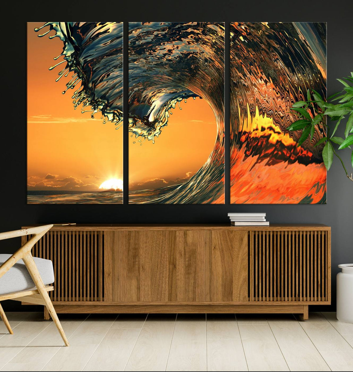 Ocean Wave With Perfect Sunset Canvas Wall Art Print, Framed