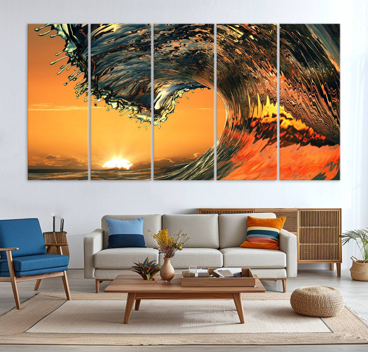 Ocean Wave With Perfect Sunset Canvas Wall Art Print, Framed
