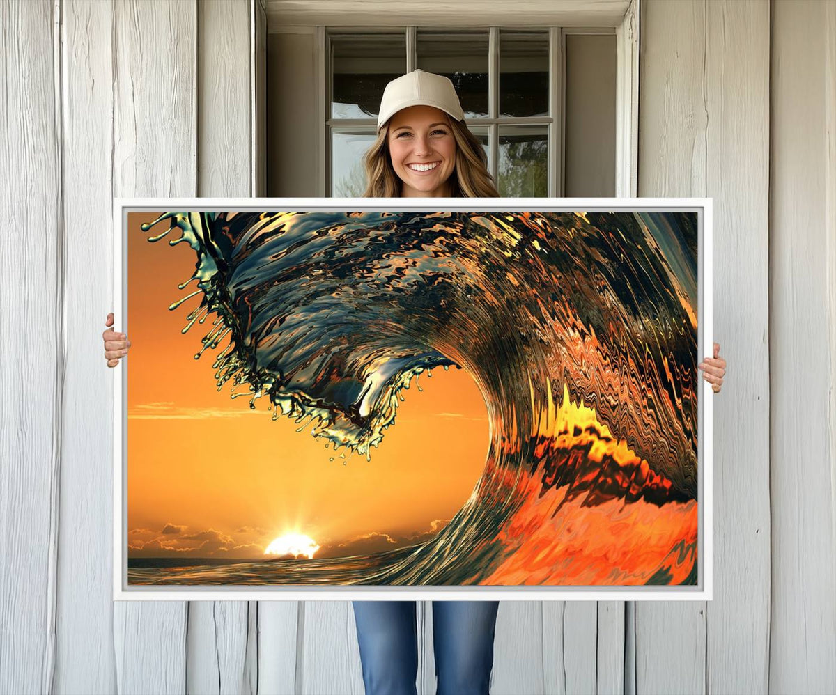 Ocean Wave With Perfect Sunset Canvas Wall Art Print, Framed