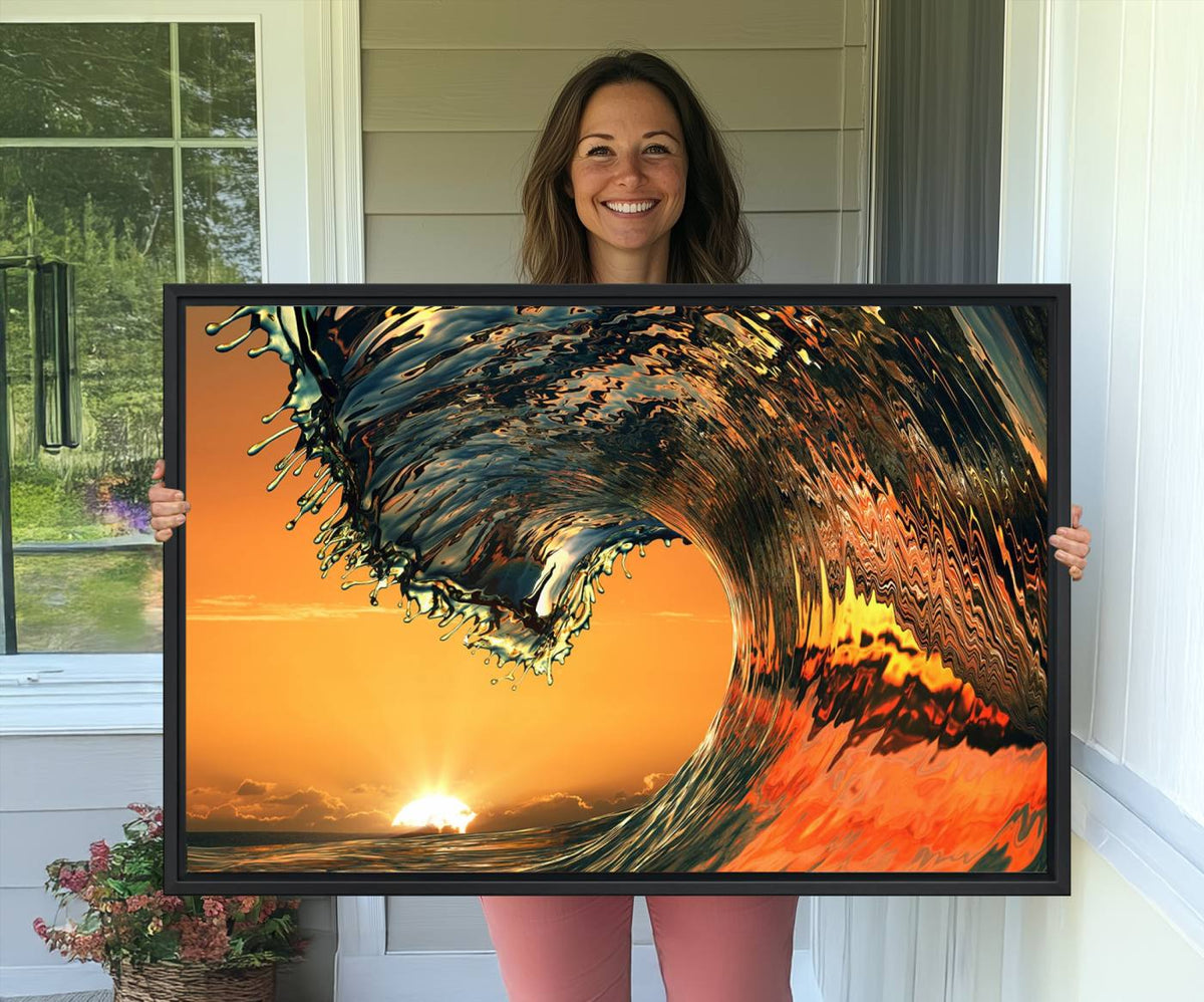 Ocean Wave With Perfect Sunset Canvas Wall Art Print, Framed