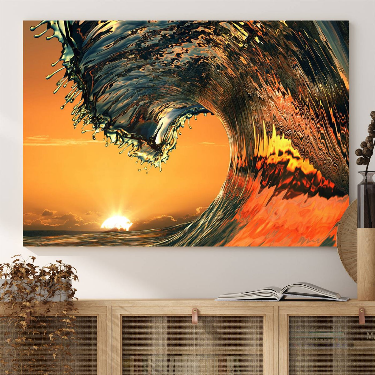 Ocean Wave With Perfect Sunset Canvas Wall Art Print, Framed