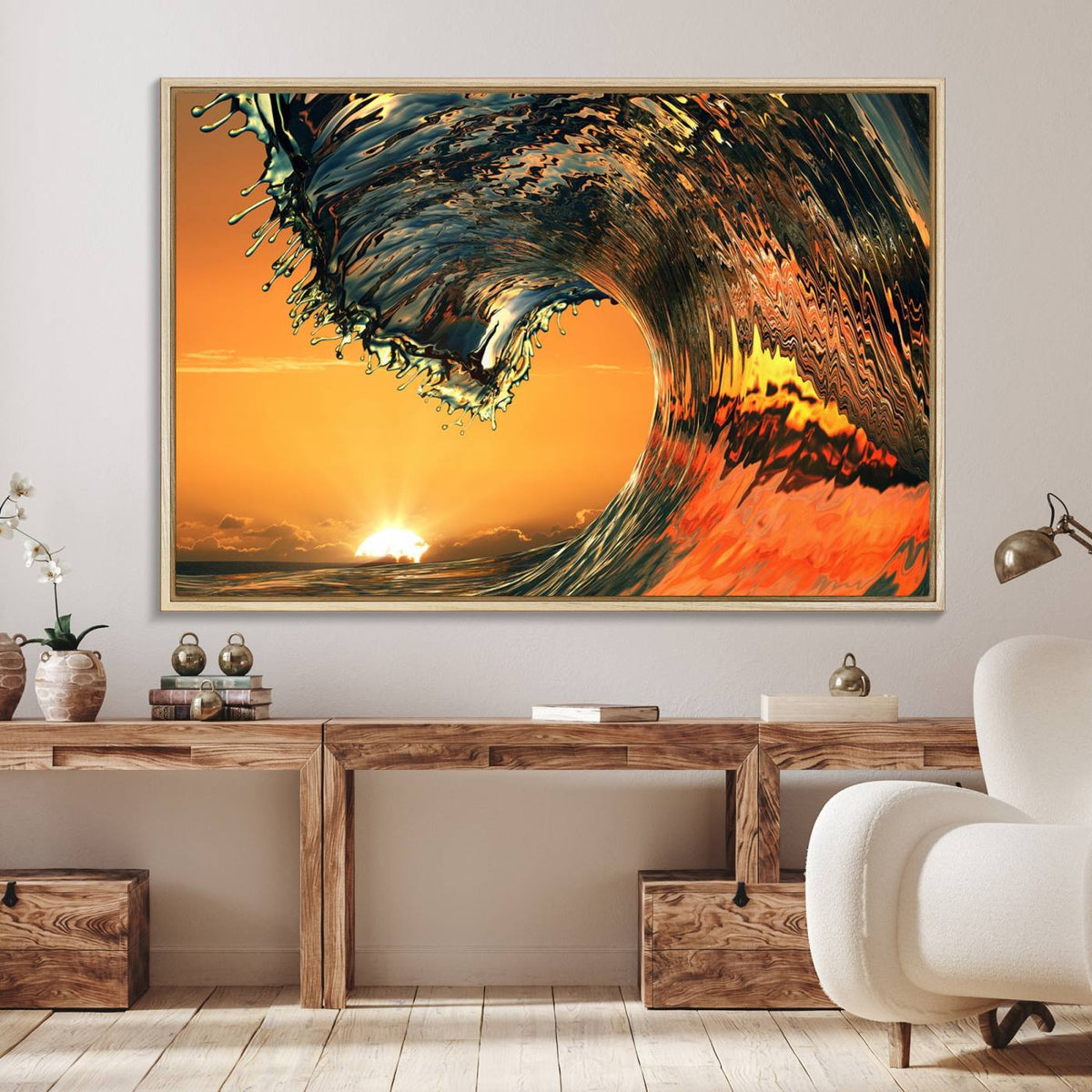 Ocean Wave With Perfect Sunset Canvas Wall Art Print, Framed