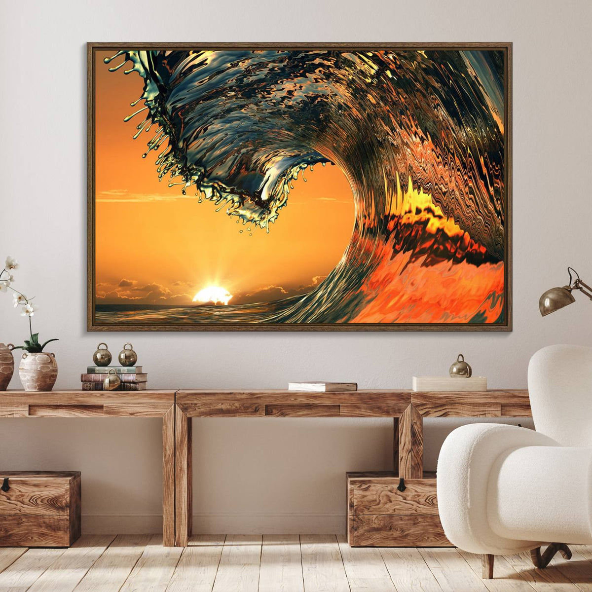 Ocean Wave With Perfect Sunset Canvas Wall Art Print, Framed