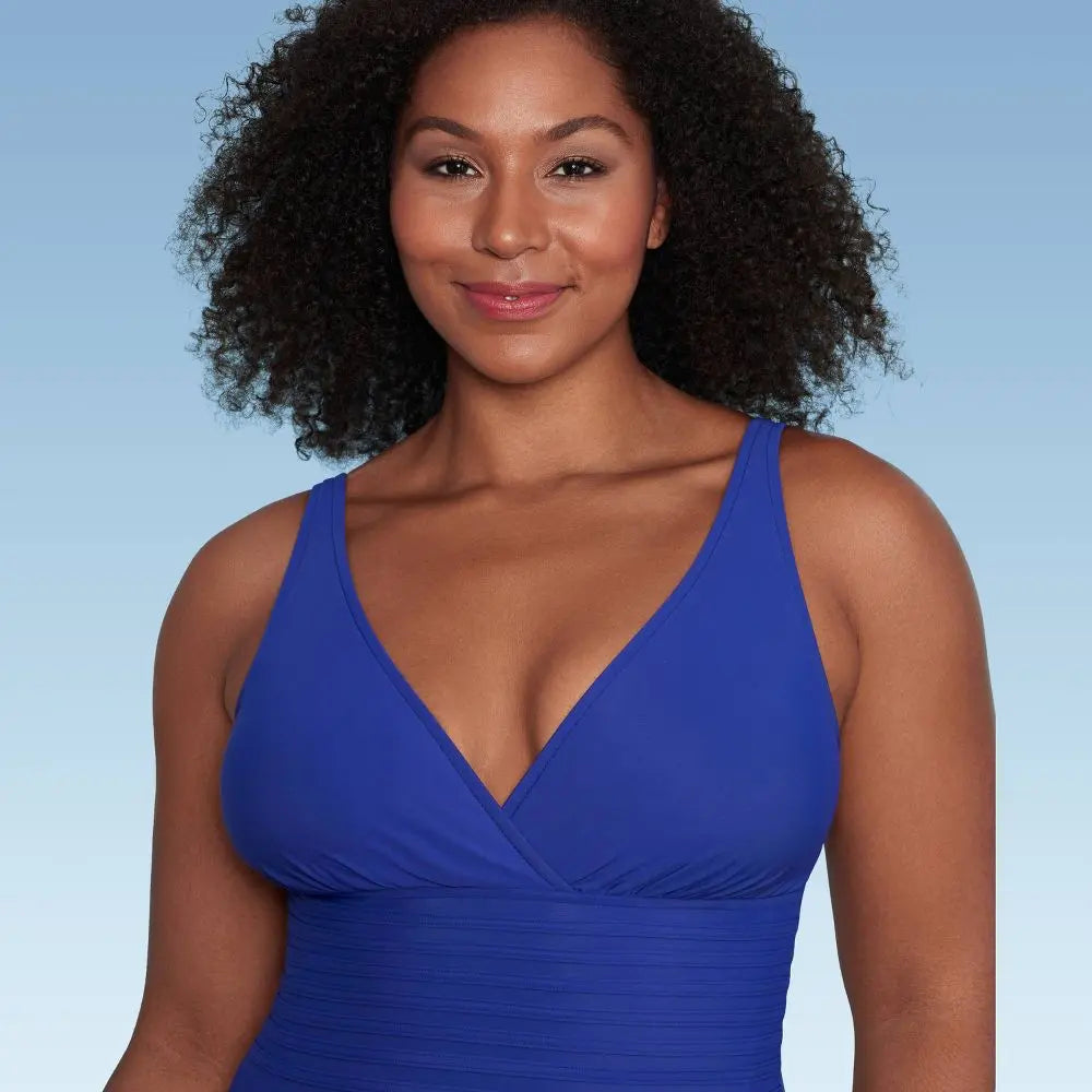Aqua Green Women's Deep V-Neck One Piece Swimsuit UPF 50 Tummy Control