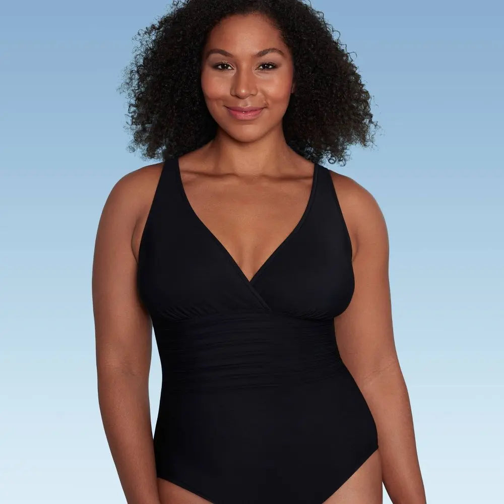 Aqua Green Women's Deep V-Neck One Piece Swimsuit UPF 50 Tummy Control