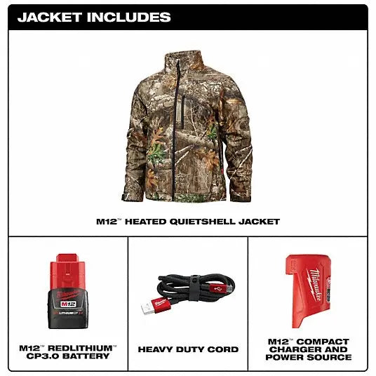 Open Box - Milwaukee Men's X-Large M12 12V Lithium-Ion Cordless QUIETSHELL Camo Heated Jacket with (1) 3.0 Ah Battery and Charger, Camouflage