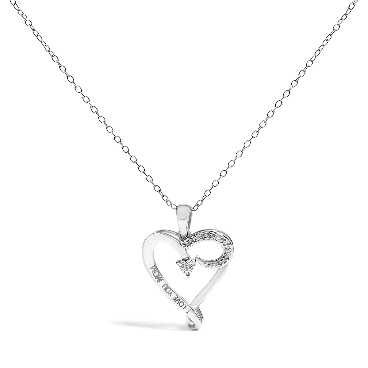 .925 Sterling Silver Diamond Accent "I LOVE YOU MOM" Heart Pendant Necklace (J-K Color, I2-I3 Clarity) - 18" Inches